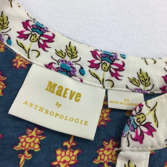 Anthropologie Maeve Floral Damask Print Top Size Extra Small Cream Blue Boho XS - Picture 3 of 6